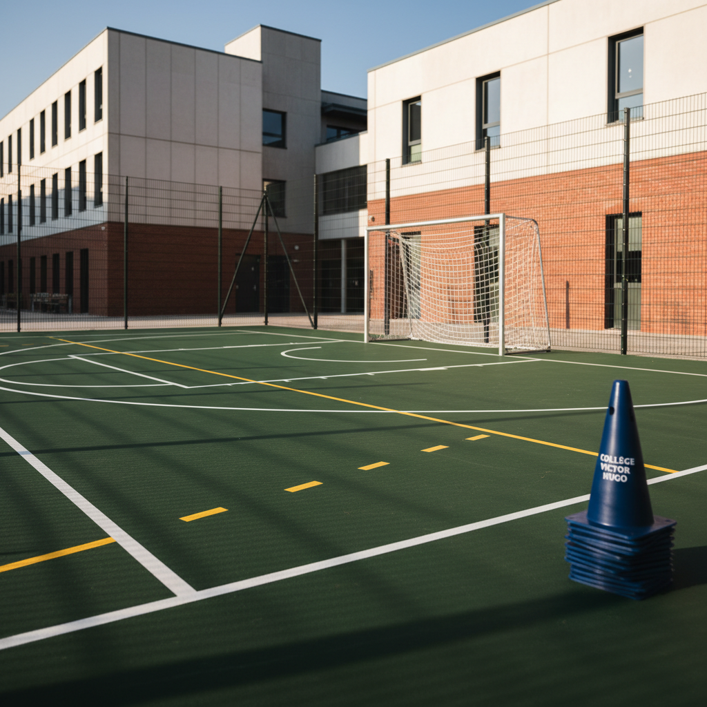 A modern outdoor sports area of Collège Victor Hugo showcasing a freshly painted multi-sport court with crisp white and yellow lines over smooth dark-green synthetic surface. A sturdy metal goalpost with taut white net stands at one end, while a row of stacked, school-branded navy sports cones waits neatly on the sideline. In the background, the college’s contemporary façades in light concrete and brick rise behind a secure fence, slightly softened by depth of field. Late afternoon sunlight casts long, dynamic shadows across the court, adding energy and rhythm. Photographed from a low-angle, wide shot with photographic realism, the image emphasizes space, structure, and movement potential, projecting a feeling of vitality, discipline, and healthy physical development.