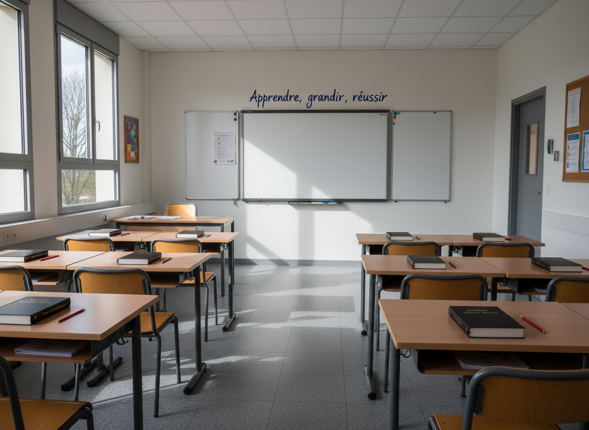 A bright, organized classroom interior featuring a large whiteboard framed in matte aluminum with the words “Apprendre, grandir, réussir” carefully written in deep blue marker. In front, pristine light-wood desks with smooth laminated tops are aligned in tidy rows, each with a closed textbook embossed with “Collège Victor Hugo” and a neatly placed graphite pencil. The floor is covered with subtle grey acoustic tiles, and tall windows along one wall let in diffused afternoon light, creating soft, elongated shadows. The scene is photographed at an eye-level angle with sharp focus throughout, conveying structure, clarity, and quiet concentration. The photographic style is clean and professional, with neutral colors accented by small touches of academic blue and red.