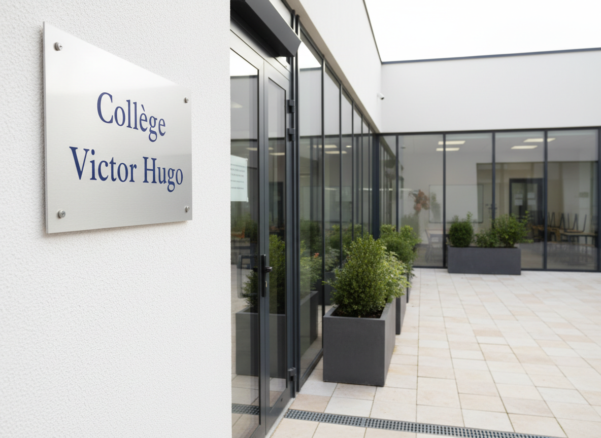 A polished metal school sign reading “Collège Victor Hugo” in elegant navy blue lettering, mounted on a clean white wall beside a secure glass entrance door. Around it, a neat courtyard unfolds with well-maintained stone paving, rectangular planters filled with green shrubs, and a glimpse of modern classrooms behind large windows. Soft, bright daytime sunlight creates crisp reflections on the glass and gentle shadows along the wall, evoking a sense of professionalism and order. Captured at eye level with photographic realism, the composition follows the rule of thirds, keeping the sign in sharp focus while the background gradually softens into a subtle bokeh, suggesting a calm yet dynamic learning environment.