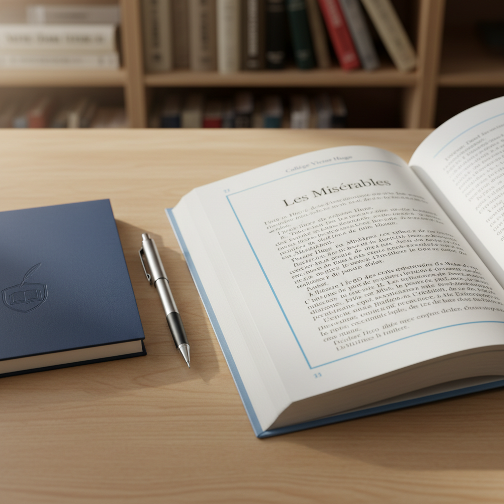 A close-up of an open French literature textbook on a smooth light-wood desk, its pages featuring an excerpt from Victor Hugo framed by modest blue margins and a discrete “Collège Victor Hugo” header. Beside the book lies a navy-blue exercise notebook with a subtle embossed school crest, and a finely sharpened mechanical pencil with metallic accents. The background gently reveals blurred shelves of French novels and poetry collections, softly lit by warm, indirect daylight from an unseen window. Photographed at a shallow depth of field in photographic realism, the composition centers the open page while the surrounding elements imply depth and context. The mood is reflective and intellectually rich, evoking the heritage of Victor Hugo and the college’s academic ambitions.