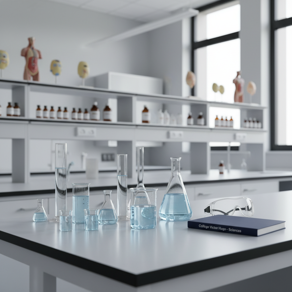 An immaculate science laboratory workbench with smooth, light-grey surface, carefully arranged glass beakers, graduated cylinders, and a transparent safety goggles set resting near a closed lab notebook labeled “Collège Victor Hugo – Sciences”. Behind the bench, sleek white cabinets and neatly organized shelves of labeled reagents and models fade into a softly blurred background. Cool, even overhead lighting combines with daylight from a high window, producing clear reflections on glassware and precise, professional shadows. The atmosphere feels rigorous and studious, emphasizing safety and structure. Photographic realism at a slightly elevated angle captures sharp details of the instruments while maintaining a clean, modern academic aesthetic suitable for a college science program.