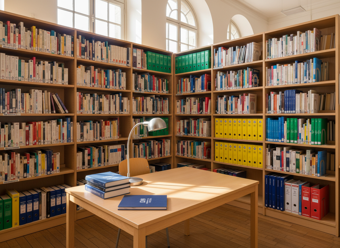 A quiet, sunlit collège library corner with tall, light-wood bookshelves filled with neatly arranged textbooks, French literature classics, and colorful binders stamped with a small “CVH” logo. In the center stands a low rectangular table with a smooth beech surface, supporting a stack of reference books, a school-branded navy-and-white notebook, and a silver desk lamp switched off. Soft natural light filters through high windows, creating a calm interplay of highlights on book spines and gentle shadows on the floor. Captured with photographic realism from a slightly elevated three-quarter angle, the composition uses leading lines of the shelves to draw the eye toward the worktable. The atmosphere is serene, studious, and welcoming, perfectly suited to focused reading and research in a professional educational setting.