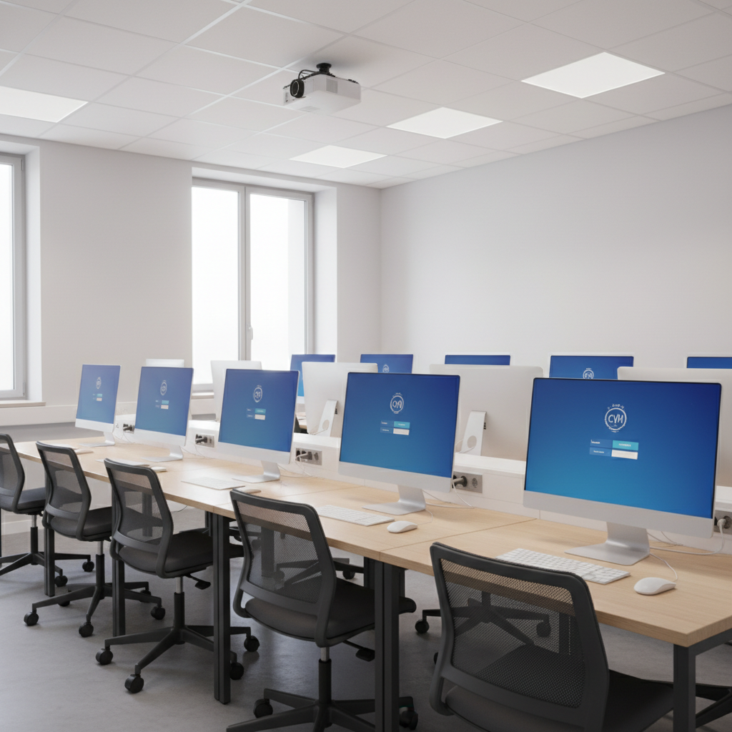 A dedicated collège technology classroom with a long row of slim, silver desktop computers neatly aligned on a pale oak table, each screen displaying a minimalist blue login page featuring a subtle “Collège Victor Hugo” crest. Cable management channels keep everything impeccably tidy, and ergonomic dark-grey chairs are pushed in under the desks. Neutral white walls and a discreet ceiling-mounted projector contribute to a disciplined, modern ambiance. Cool, even overhead LED lighting combines with faint daylight from side windows, eliminating harsh shadows and embracing a clean, professional tone. Shot from a slightly elevated diagonal angle in photographic realism, the composition captures repeating lines of monitors and chairs, suggesting structure, digital competence, and future-oriented learning.